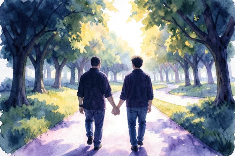 Um casal de mãos dadas, caminhando em um parque ensolarado, com árvores verdes e um caminho sinuoso ao fundo.