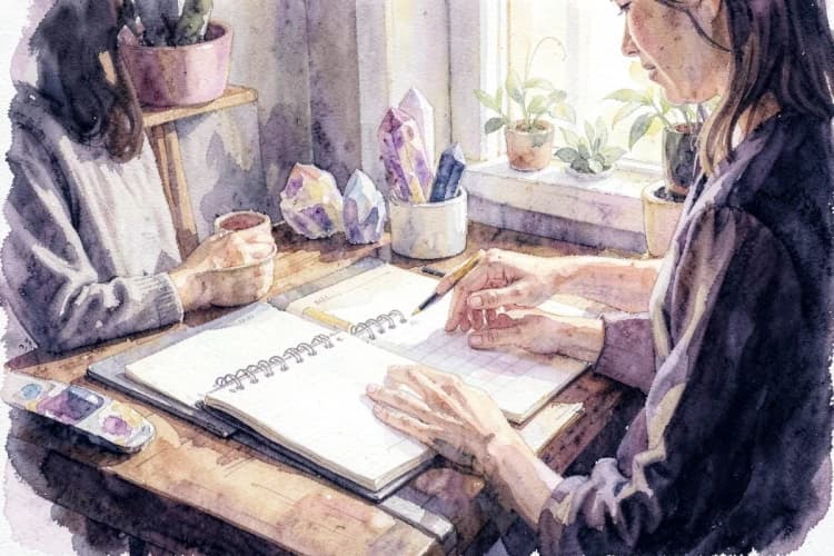 Uma mulher sentada em uma mesa com um notebook aberto e um caderno, cercada por cristais e plantas, em um ambiente de escritório doméstico aconchegante.