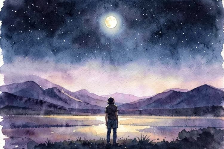 Uma pessoa olhando para um céu noturno estrelado, com a silhueta de uma montanha no horizonte.