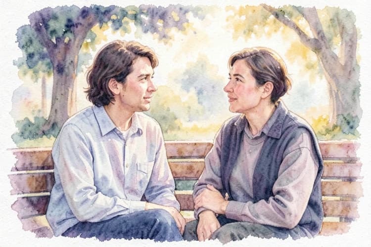 Duas pessoas sentadas em um banco de parque, conversando atentamente com expressões faciais relaxadas.