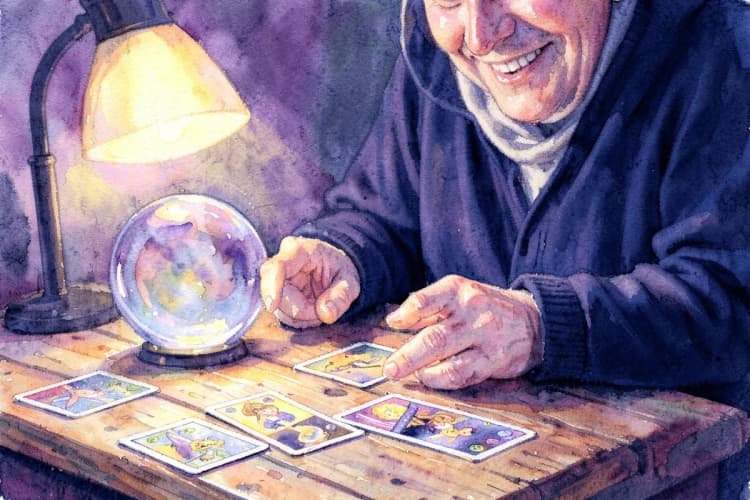 Uma astróloga sorrindo, com um globo de cristal e cartas de tarô sobre uma mesa de madeira rústica.