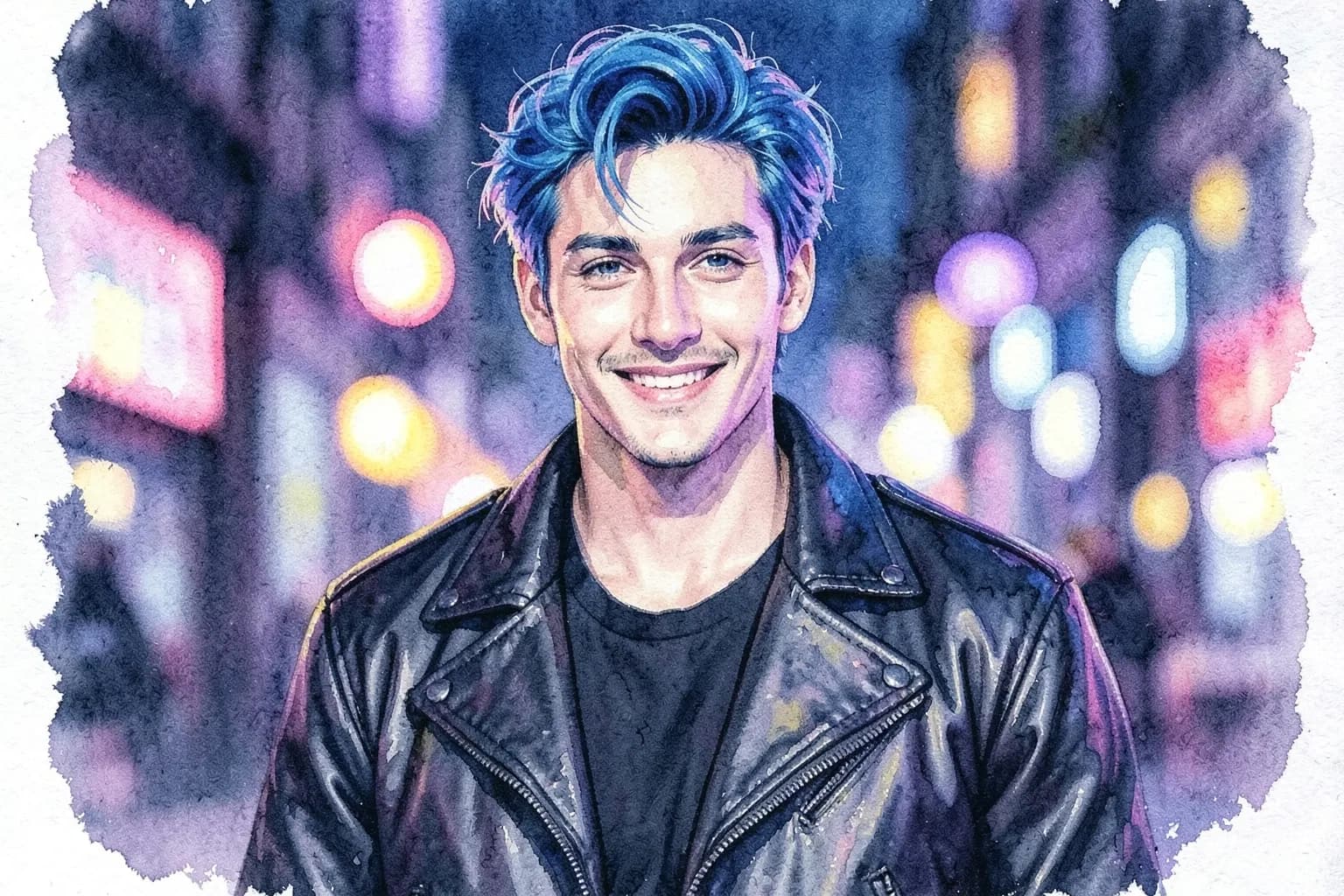 Um homem com cabelo azul vibrante, vestindo uma jaqueta de couro preta, olha para a câmera com um sorriso confiante, com um fundo desfocado de luzes de neon coloridas.