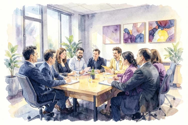 Um grupo de pessoas diversas em uma reunião discutindo ideias em um ambiente de escritório moderno.