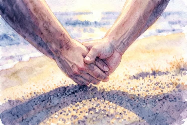 Um casal de mãos dadas caminhando em uma praia ao pôr do sol.
