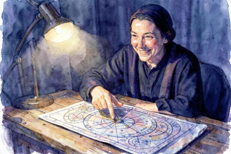 Uma astróloga sorrindo e apontando para um mapa astral em uma mesa.