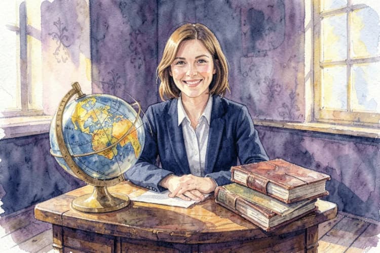 Uma astróloga sorridente em seu consultório, com um globo celestial e livros sobre uma mesa.