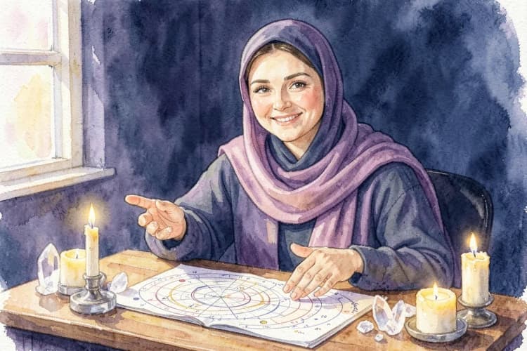 Astrologa sorrindo e apontando para um mapa astral em uma mesa com cristais e velas.