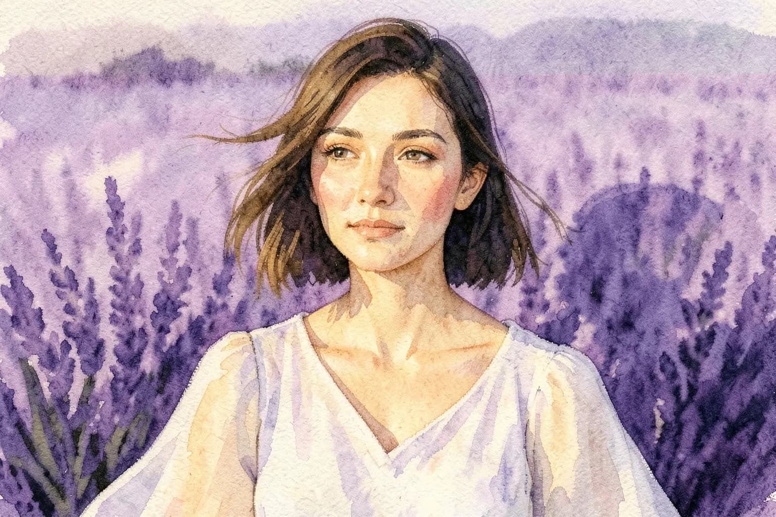 Mulher com olhar pensativo e sereno, em um campo de lavanda ao pôr do sol.