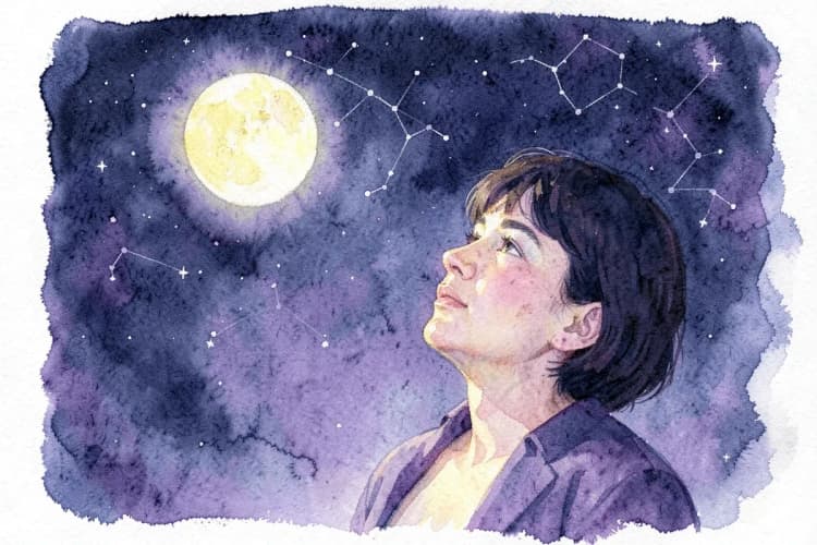 Uma pessoa com expressão pensativa olhando para um céu estrelado com a Lua e algumas constelações.