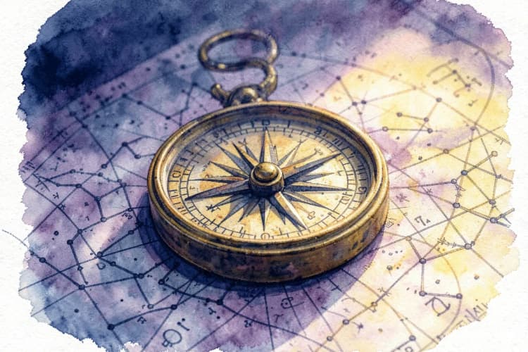 Um close-up de uma bússola antiga sobre um mapa celestial detalhado.