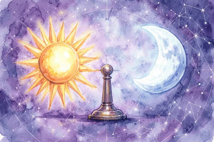 Uma balança em equilíbrio, com um Sol de um lado e uma Lua do outro, sobre um fundo que remete a um mapa astral.