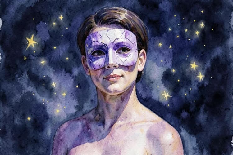 Uma pessoa com uma máscara teatral, representando a persona externa, com um fundo desfocado de estrelas.
