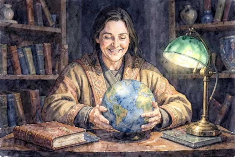 Uma astróloga sorrindo, sentada em uma mesa com um globo celestial e livros, pronta para atender.