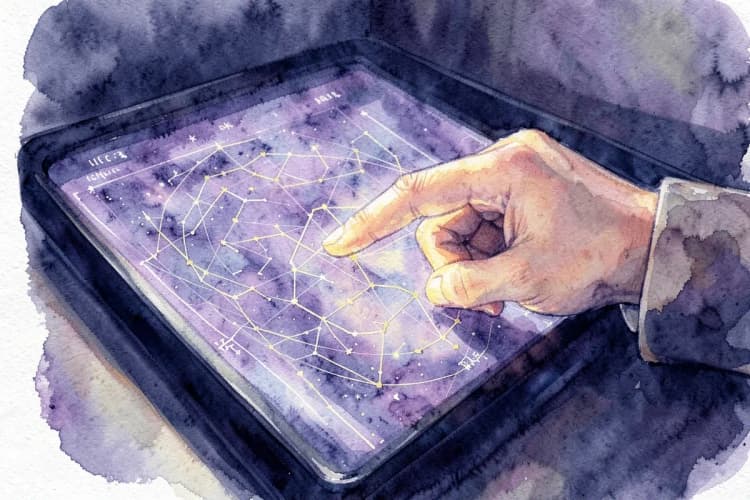 Um astrólogo apontando para um gráfico de mapa astral complexo em um tablet, com estrelas e constelações visíveis.