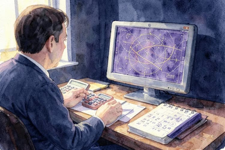 Uma pessoa sentada em frente a um computador com uma calculadora e um calendário abertos, com um gráfico de mapa astral em uma tela.