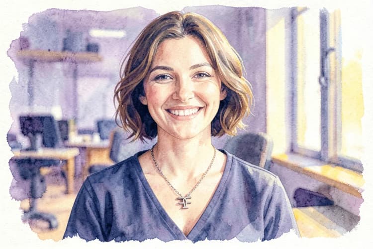 Uma mulher sorrindo com o cabelo curto e castanho, usando um colar com o símbolo de Gêmeos, em um fundo desfocado de um escritório.
