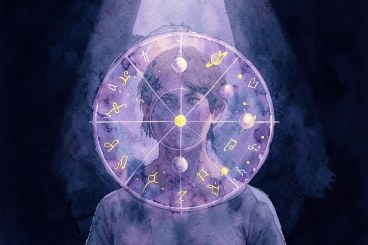Um gráfico de mapa astral circular com planetas e signos do zodíaco, sobreposto a uma imagem de uma pessoa pensativa.