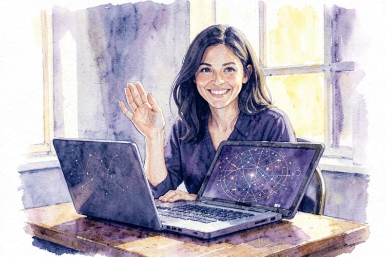 Uma mulher sorrindo e acenando, sentada em uma mesa com um laptop aberto exibindo um gráfico de mapa astral.
