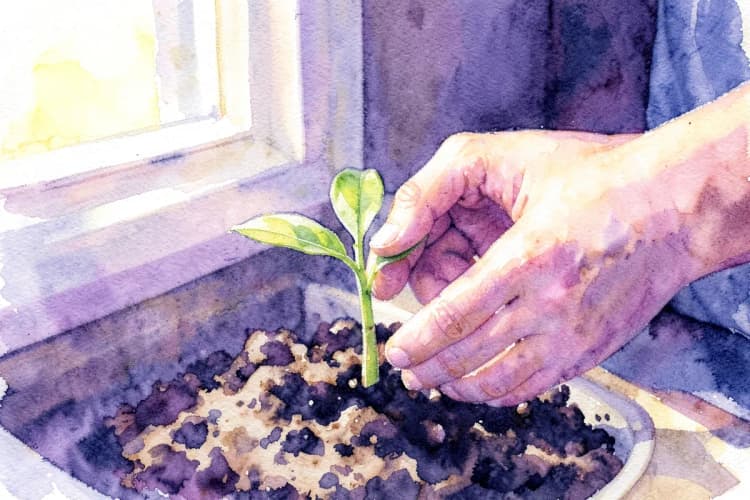 Uma pessoa regando delicadamente uma pequena planta que brota da terra, em um ambiente interno iluminado.