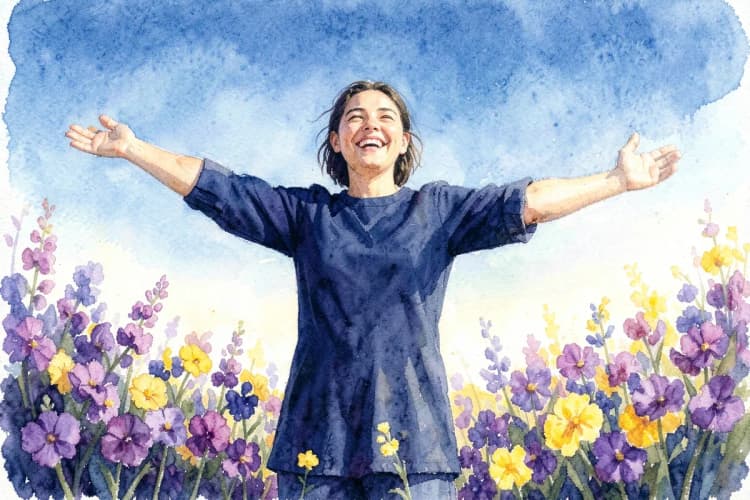 Uma pessoa sorrindo e de braços abertos em um campo florido sob um céu azul claro.
