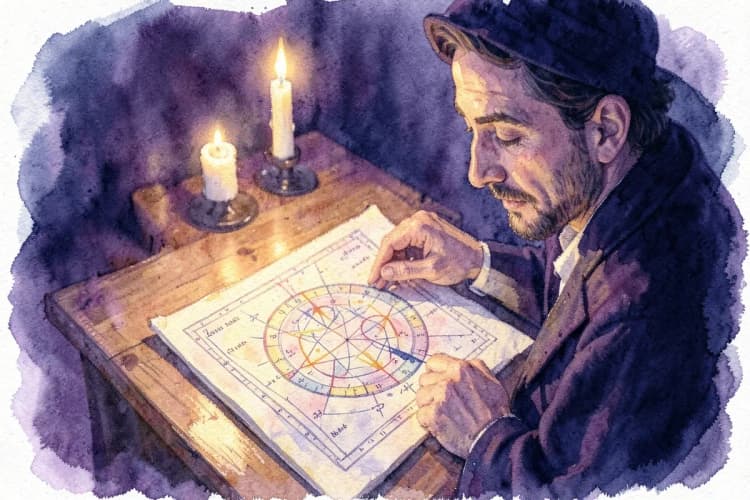 Uma astróloga examinando um mapa astral detalhado em uma mesa iluminada por velas.