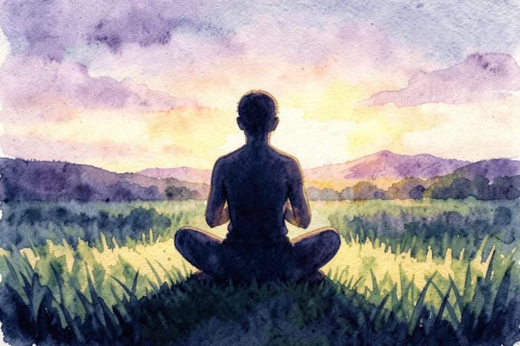 Uma pessoa sentada em posição de lótus em um campo gramado ao pôr do sol, com as mãos em gesto de oração.