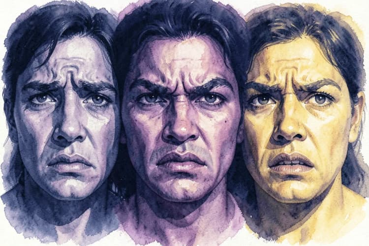 Um close-up de três rostos com expressões distintas: tristeza, raiva e medo, com sombras dramáticas.