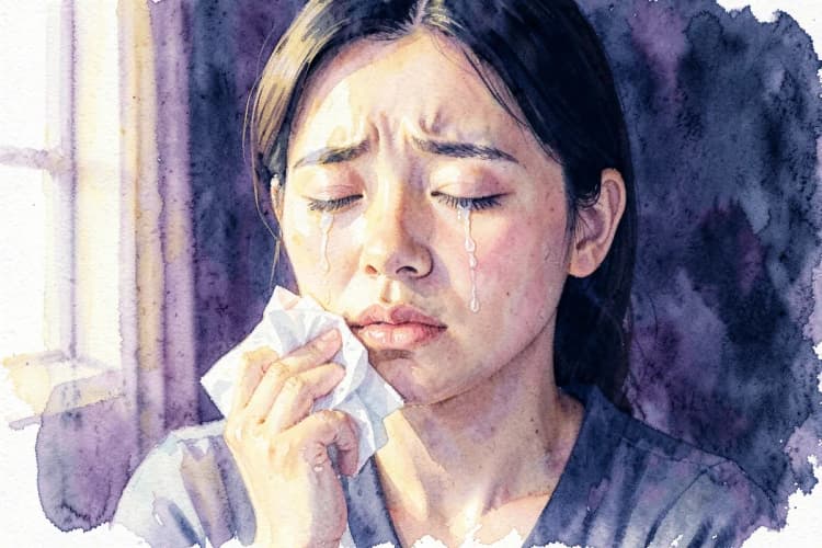 Uma pessoa com lágrimas escorrendo pelo rosto, segurando um lenço, em um ambiente interno com luz suave.