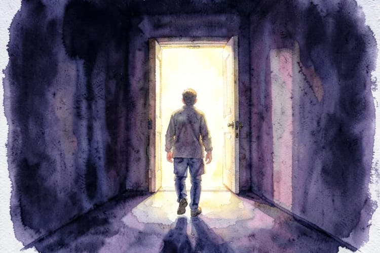 Uma pessoa caminhando em direção a uma porta aberta que emite uma luz brilhante, em um corredor escuro.