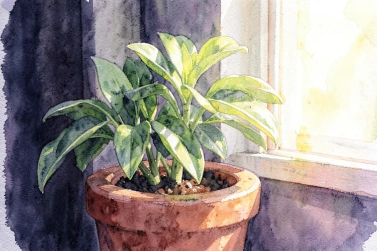 Uma planta crescendo em um vaso, com folhas verdes vibrantes, em um peitoril de janela ensolarado.