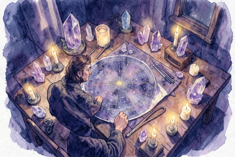 Uma astróloga examinando um mapa astral com cristais e velas ao redor, em uma mesa.
