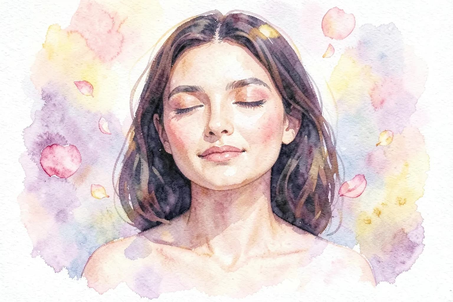 Uma mulher com olhos fechados e expressão serena, com pétalas de rosa caindo suavemente ao seu redor, em um fundo desfocado de tons pastel.