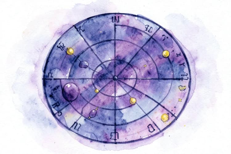 Um desenho esquemático de um mapa astral com planetas e signos do zodíaco em um círculo.