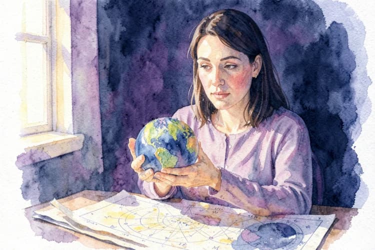Uma mulher com expressão de sabedoria, segurando um pequeno globo terrestre e olhando para um mapa astral.
