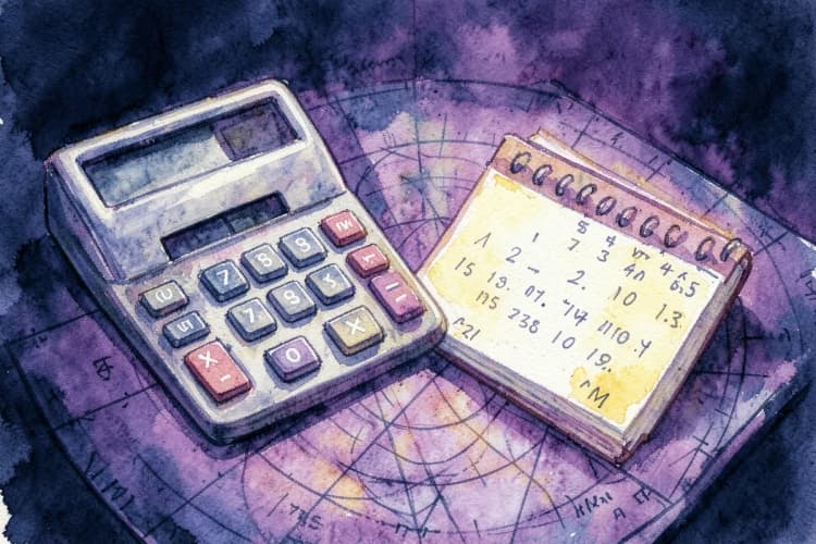 Uma calculadora antiga e um calendário com datas marcadas sobre um mapa astral.