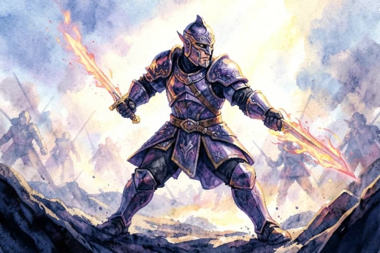 Um guerreiro ariano com armadura e capacete, empunhando uma espada flamejante em um campo de batalha.