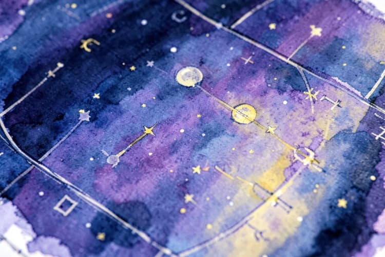 Um mapa astral com destaque para a constelação de Áries e símbolos de planetas.