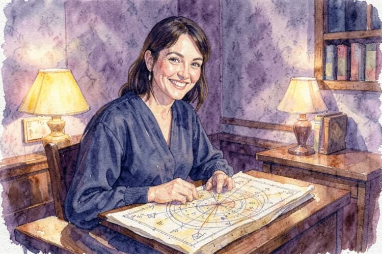 Uma astróloga sorridente, Clarissa Cavalcanti, em seu consultório, com um mapa astral em uma mesa.