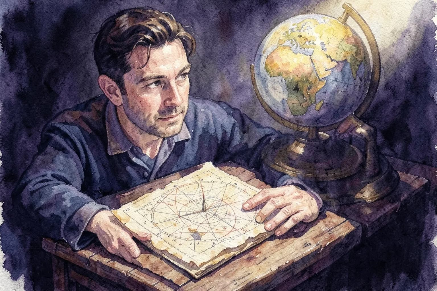 Um homem com olhar pensativo, com um mapa astral desenhado em um pergaminho antigo sobre uma mesa de madeira, com um globo terrestre ao fundo.