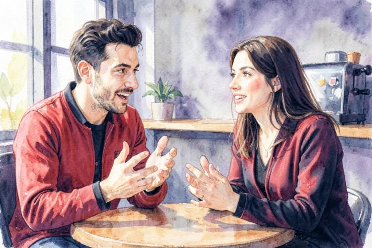 Um homem e uma mulher de Áries, com roupas em tons de vermelho e preto, discutindo animadamente em um café moderno, com close-up em seus rostos expressivos.