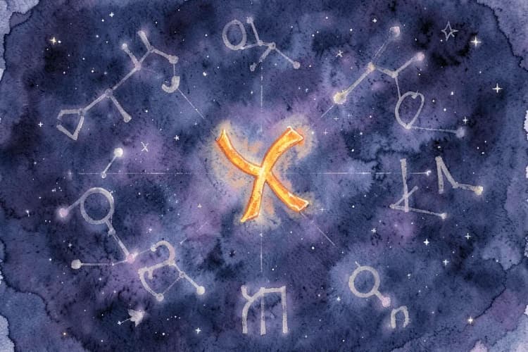 Um mapa astral com o signo de Áries em destaque, rodeado por outros signos do zodíaco em um fundo escuro e estrelado.