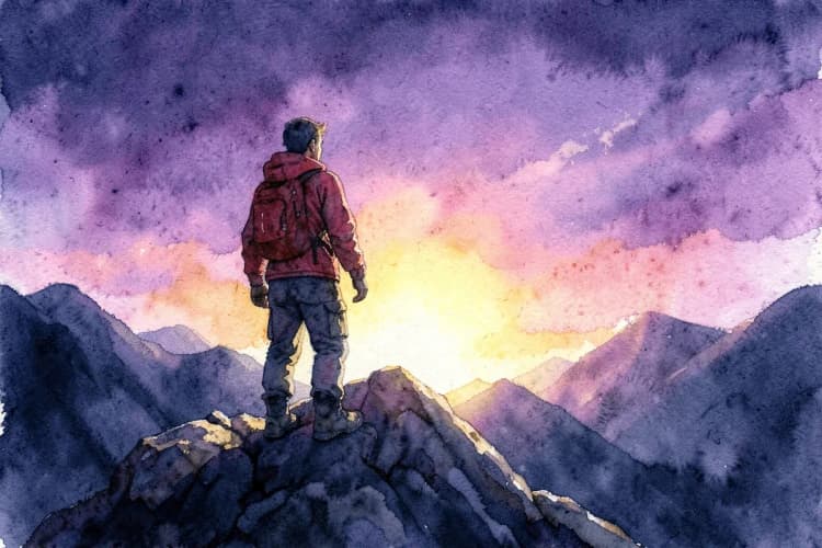 Uma pessoa de Áries com expressão determinada, olhando para o horizonte em um topo de montanha ao nascer do sol.