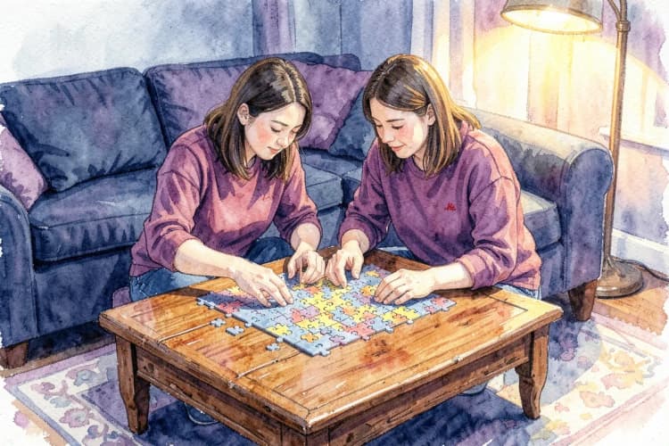 Um casal de Áries resolvendo um quebra-cabeça juntos em uma sala de estar aconchegante, colaborando em uma solução.