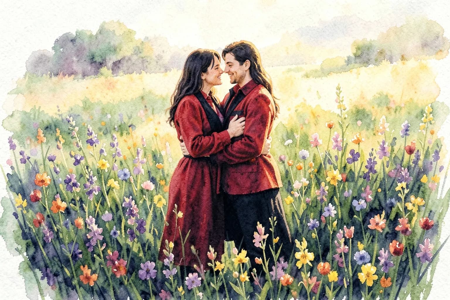 Um casal de Áries sorrindo e abraçado em um campo de flores silvestres, sob a luz do sol poente.