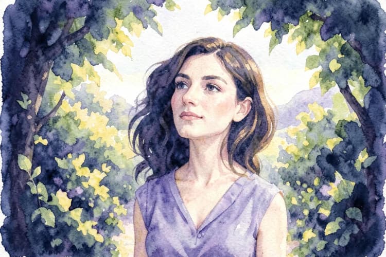 Mulher de Touro com expressão serena, olhando para o horizonte em um jardim tranquilo.