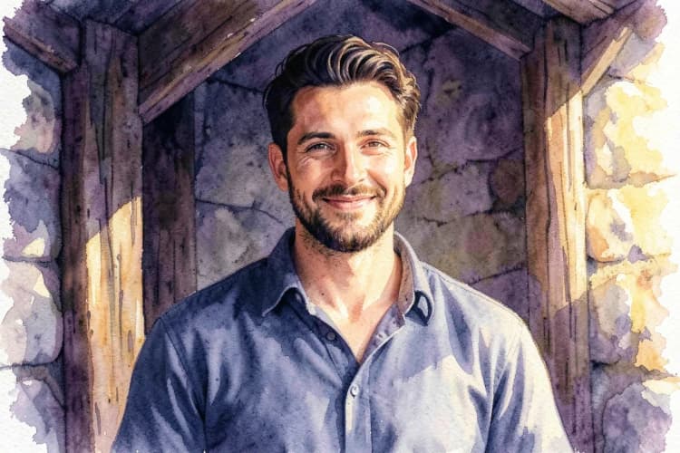 Homem de Touro com um sorriso confiante, em um ambiente rústico com elementos de terra.