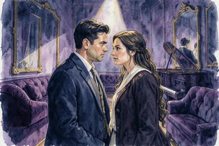 Um casal de signos opostos, Touro e Escorpião, se olhando intensamente em um ambiente sofisticado.
