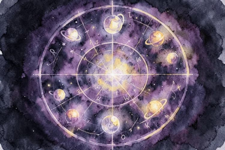 Representação de um mapa astral com planetas e signos do zodíaco