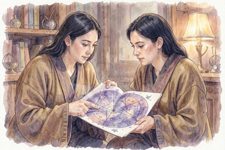 Pessoa consultando um astrólogo com um mapa astral em mãos