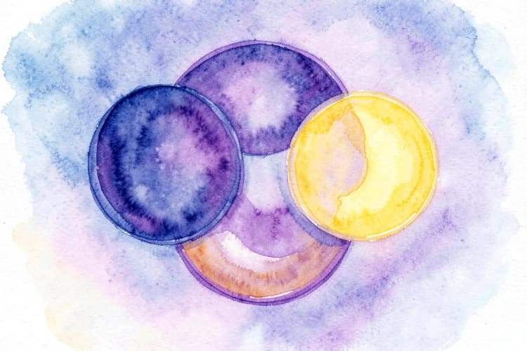 Três círculos interligados representando sol, lua e ascendente em astrologia